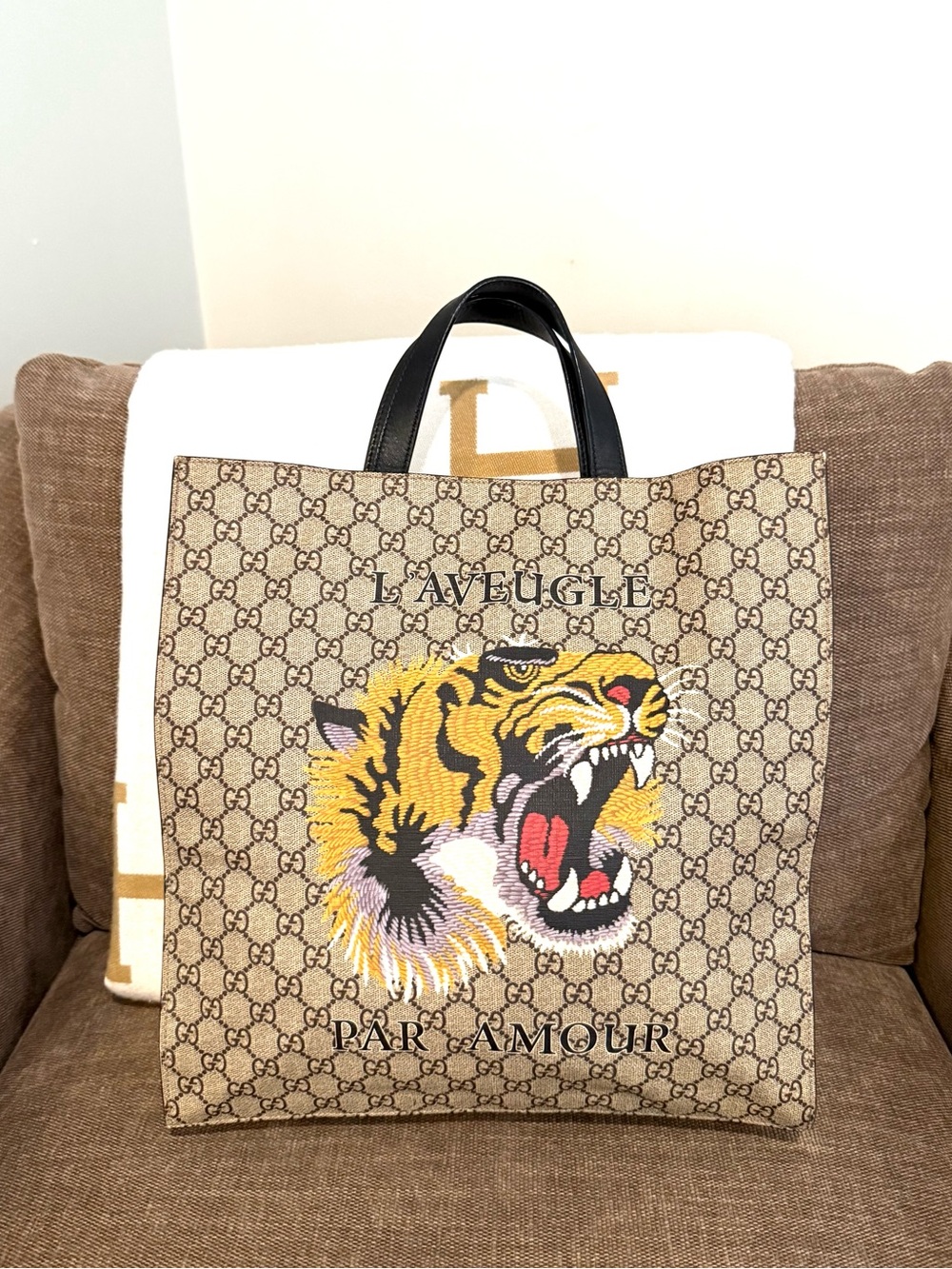 Authentic Gucci Tiger tote bag monogram coated canvas black leather handles